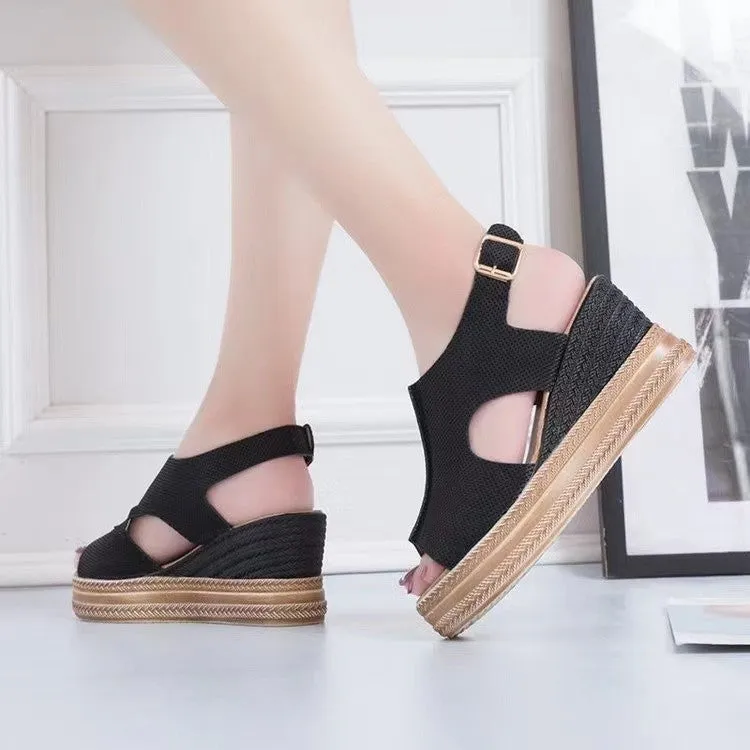 DEANWANGKT  Cross-Border  Summer New Peep Toe plus Size Foreign Trade Wedge Open Toe Buckle Roman Style High Heel Sandals