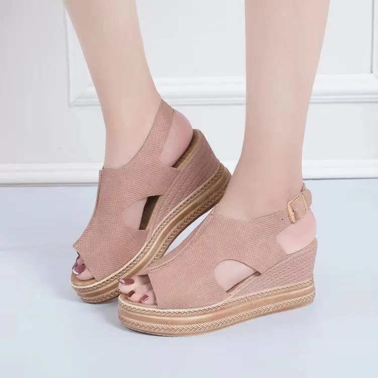 DEANWANGKT  Cross-Border  Summer New Peep Toe plus Size Foreign Trade Wedge Open Toe Buckle Roman Style High Heel Sandals
