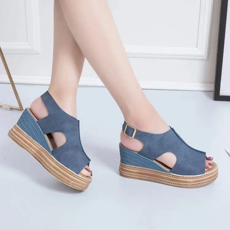 DEANWANGKT  Cross-Border  Summer New Peep Toe plus Size Foreign Trade Wedge Open Toe Buckle Roman Style High Heel Sandals