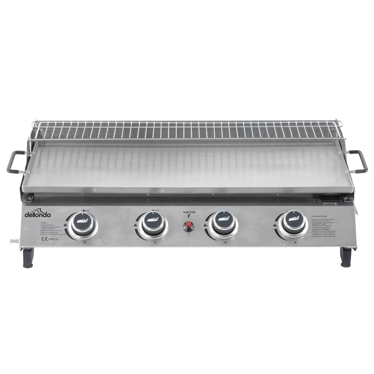 Dellonda 4 Burner Portable Gas Plancha with Warming Rack, 10kW BBQ Griddle, Stainless Steel