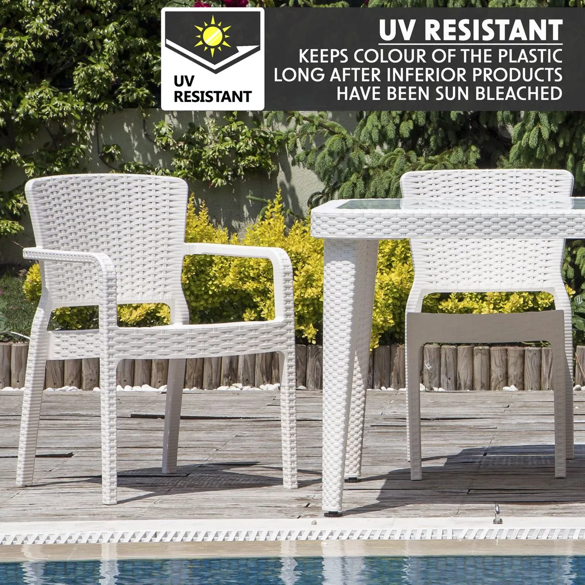 Dellonda 7-Piece Dining Set Weather-Resistant Polypropylene/Fibreglass , Tempered Glass Table Top, Stackable Chairs - White