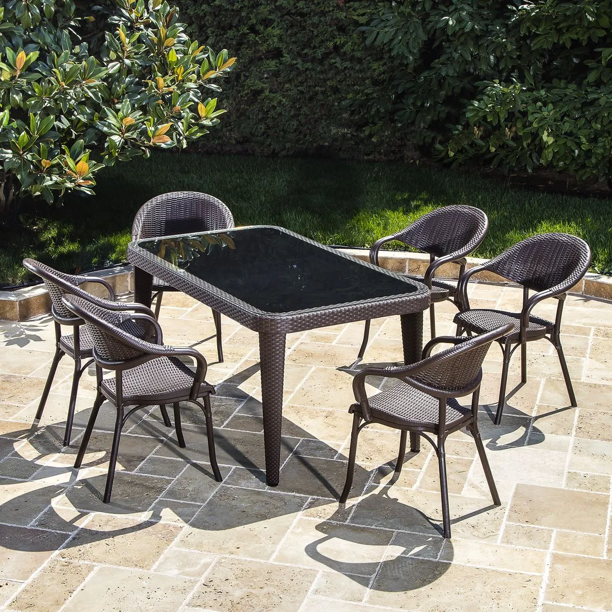 Dellonda 7-Piece Dining Set Weather-Resistant Polypropylene/Fibreglass,Tempered Glass Tabletop, Stackable Chairs - Wenge
