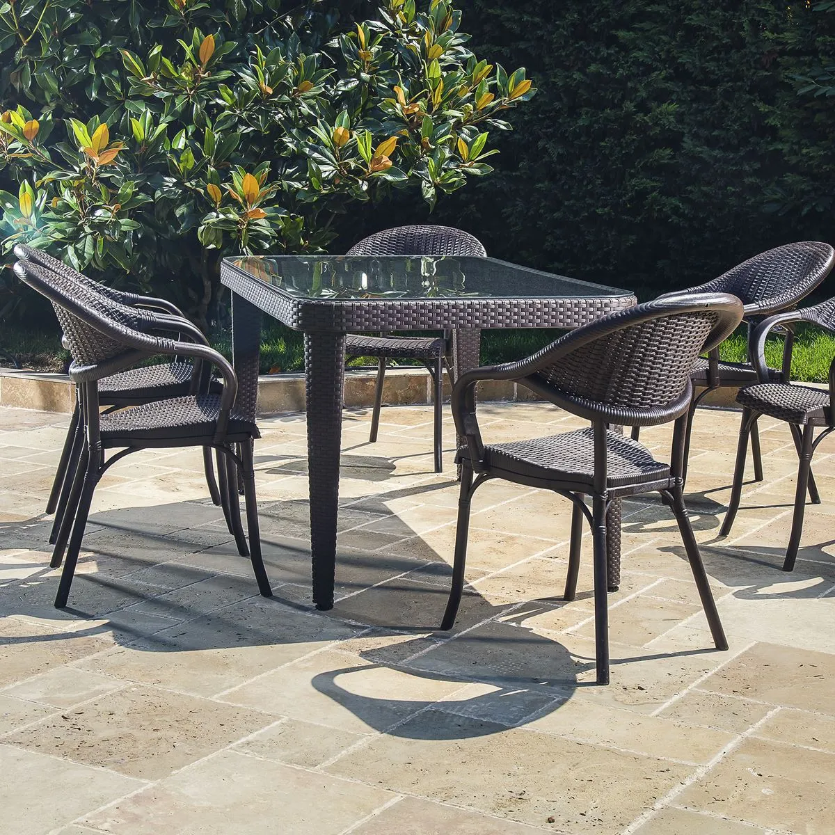 Dellonda 7-Piece Dining Set Weather-Resistant Polypropylene/Fibreglass,Tempered Glass Tabletop, Stackable Chairs - Wenge