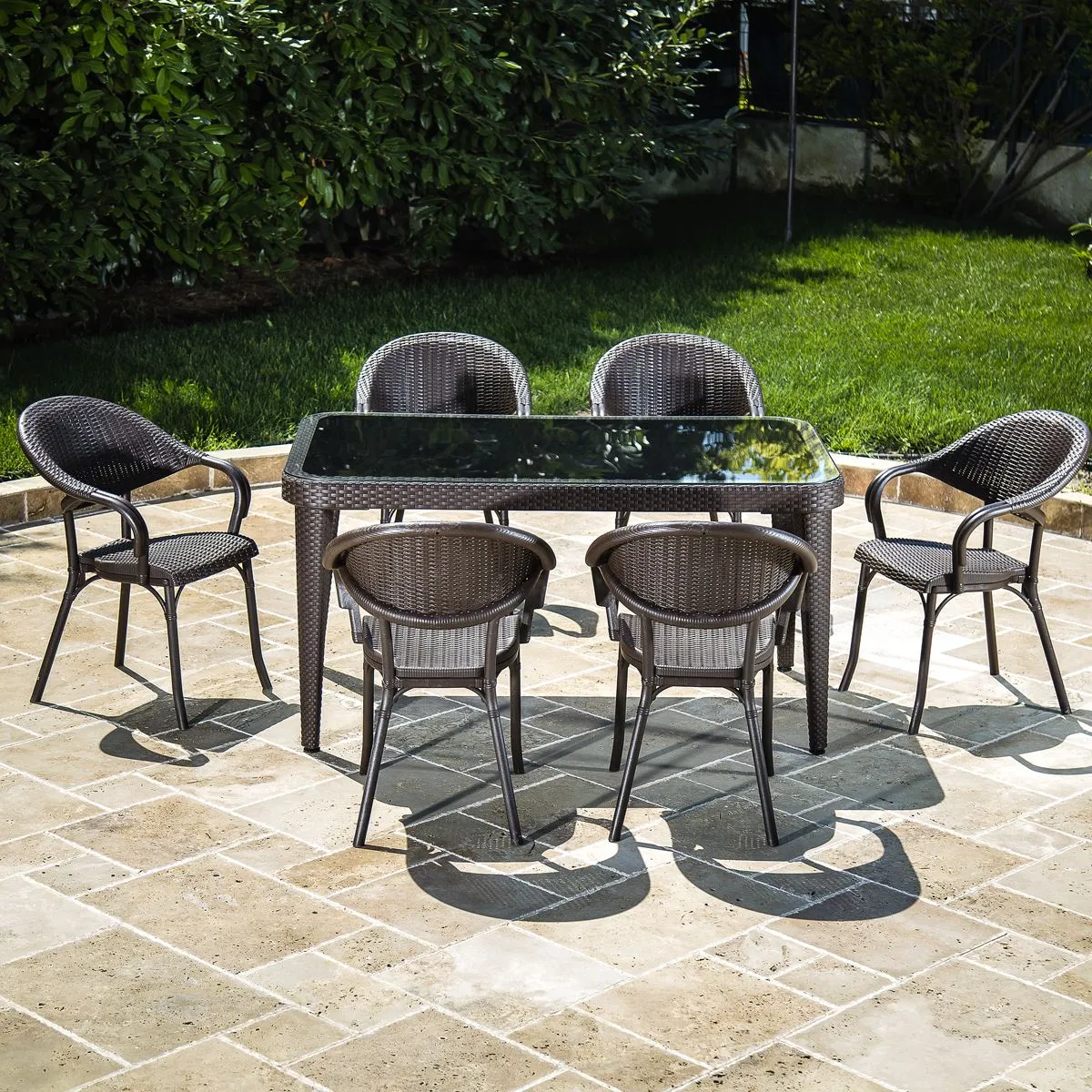 Dellonda 7-Piece Dining Set Weather-Resistant Polypropylene/Fibreglass,Tempered Glass Tabletop, Stackable Chairs - Wenge