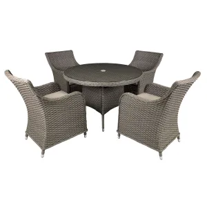 Dellonda Chester 5-Piece Rattan Wicker Outdoor Dining Set with Tempered Glass Table Top, Brown
