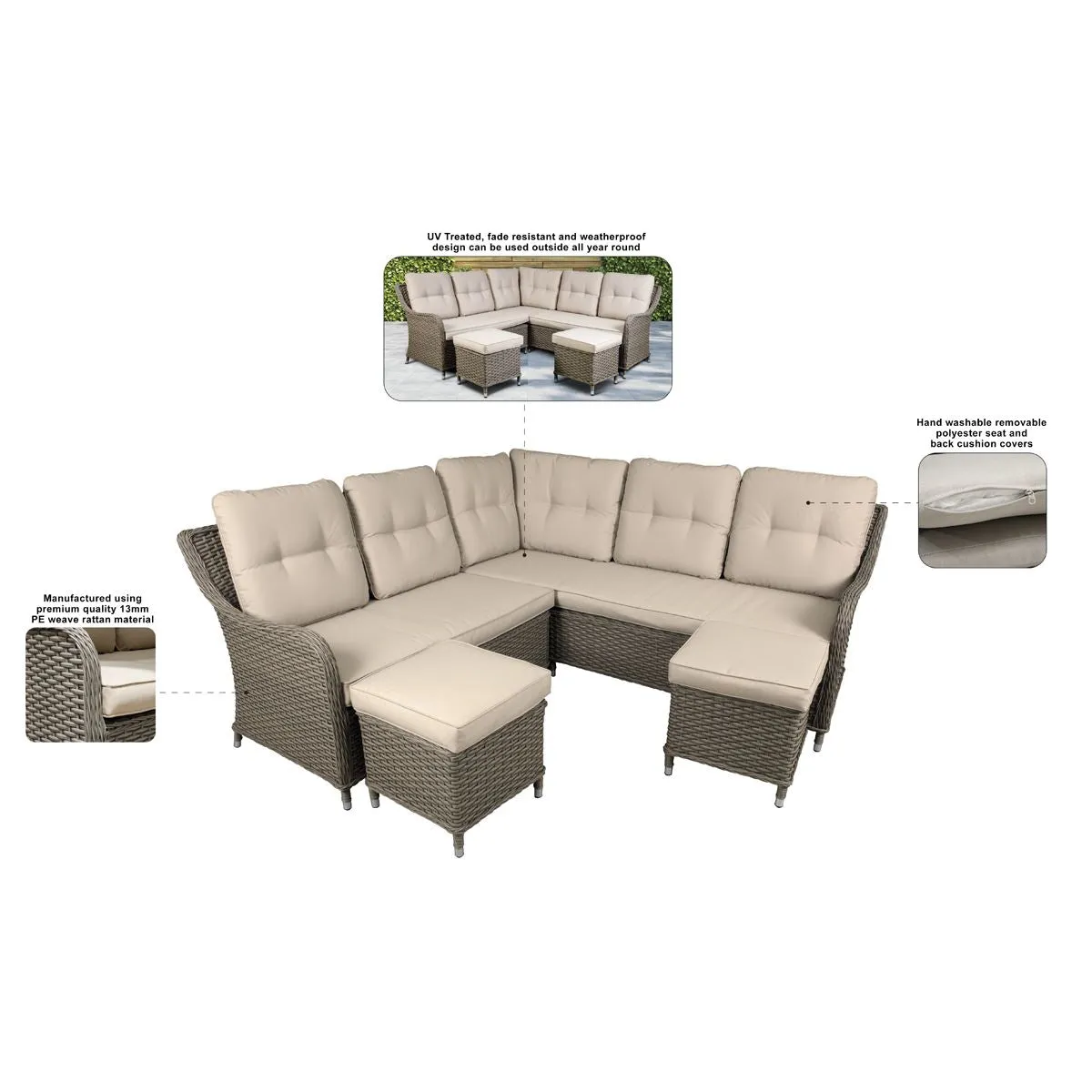 Dellonda Chester Rattan Wicker Outdoor 5 Seat Corner Sofa Set, Brown