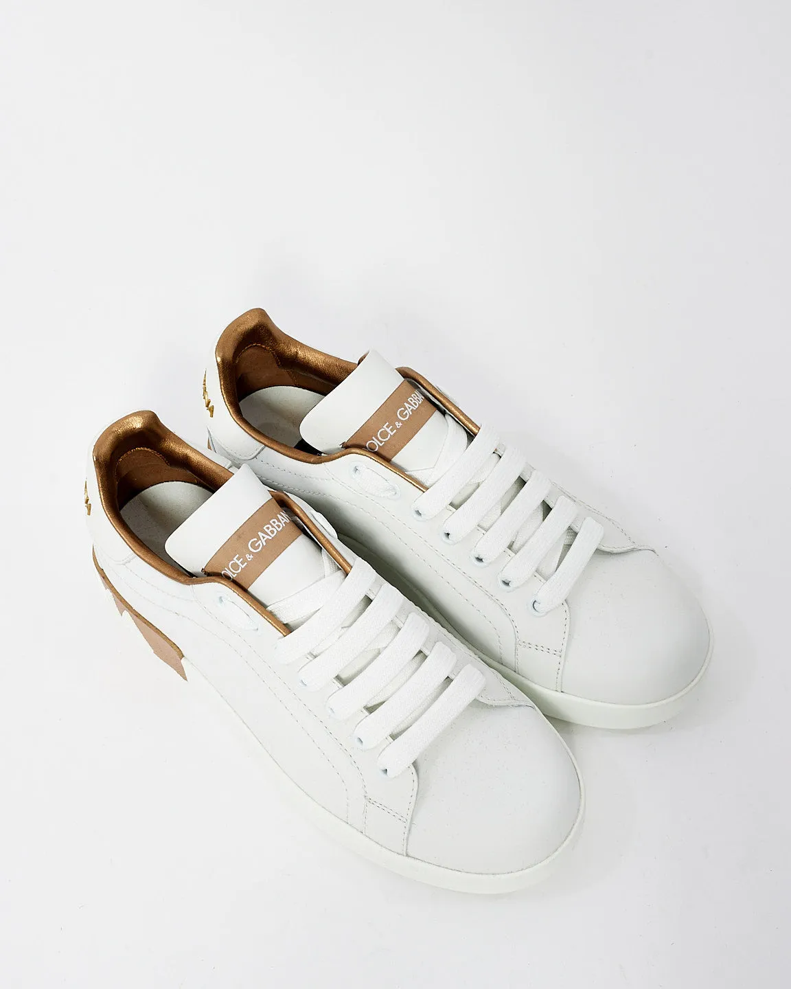 Dolce & Gabbana White & Gold Portofino Low Top Sneakers - 38.5
