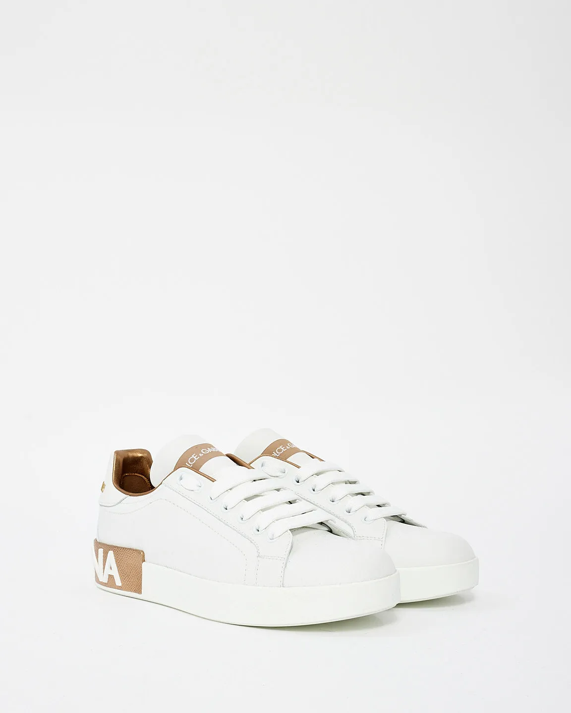 Dolce & Gabbana White & Gold Portofino Low Top Sneakers - 38.5