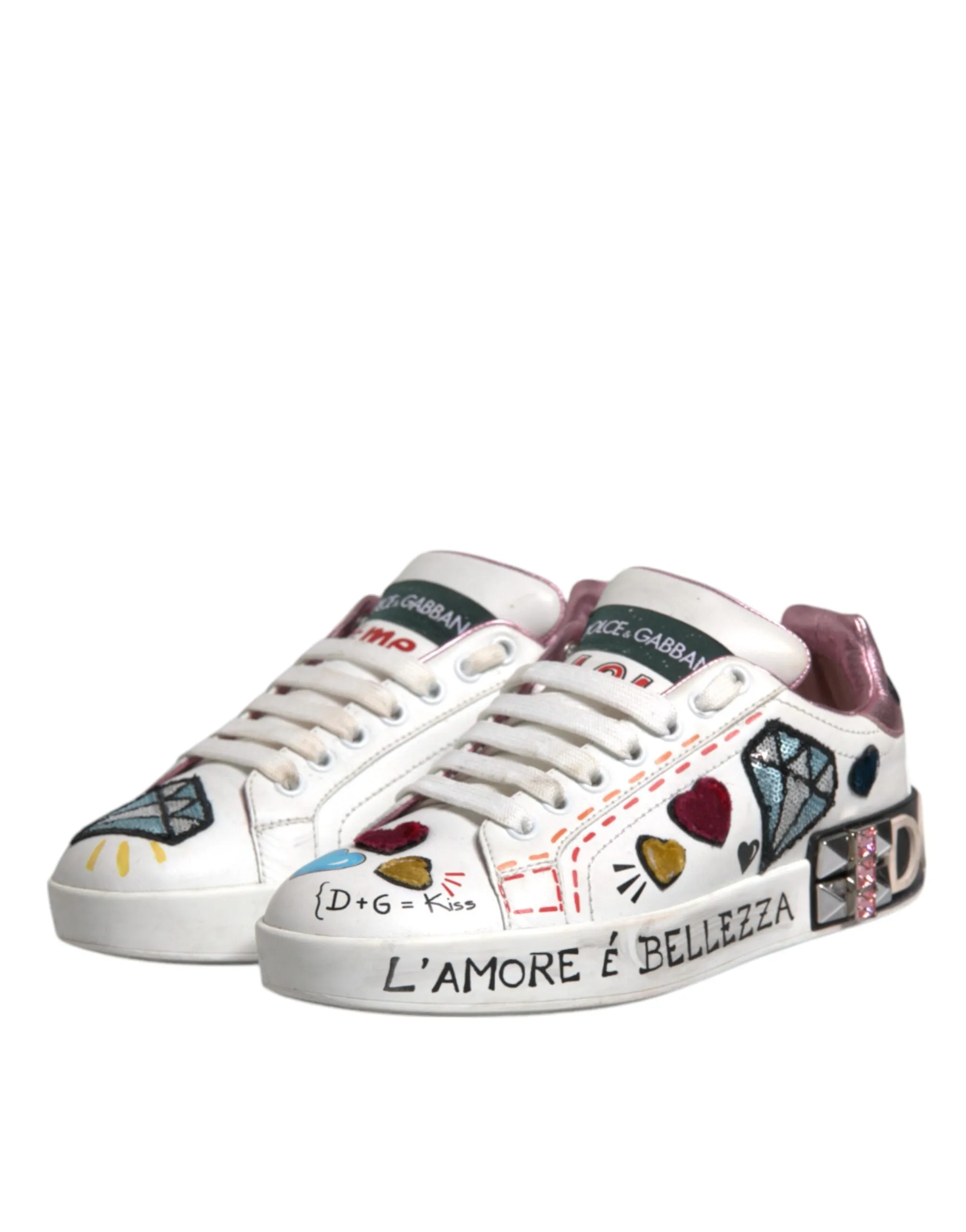 Dolce&Gabbana Women White Sneakers Leather Sequined Crystals Trainer Shoes EU 35