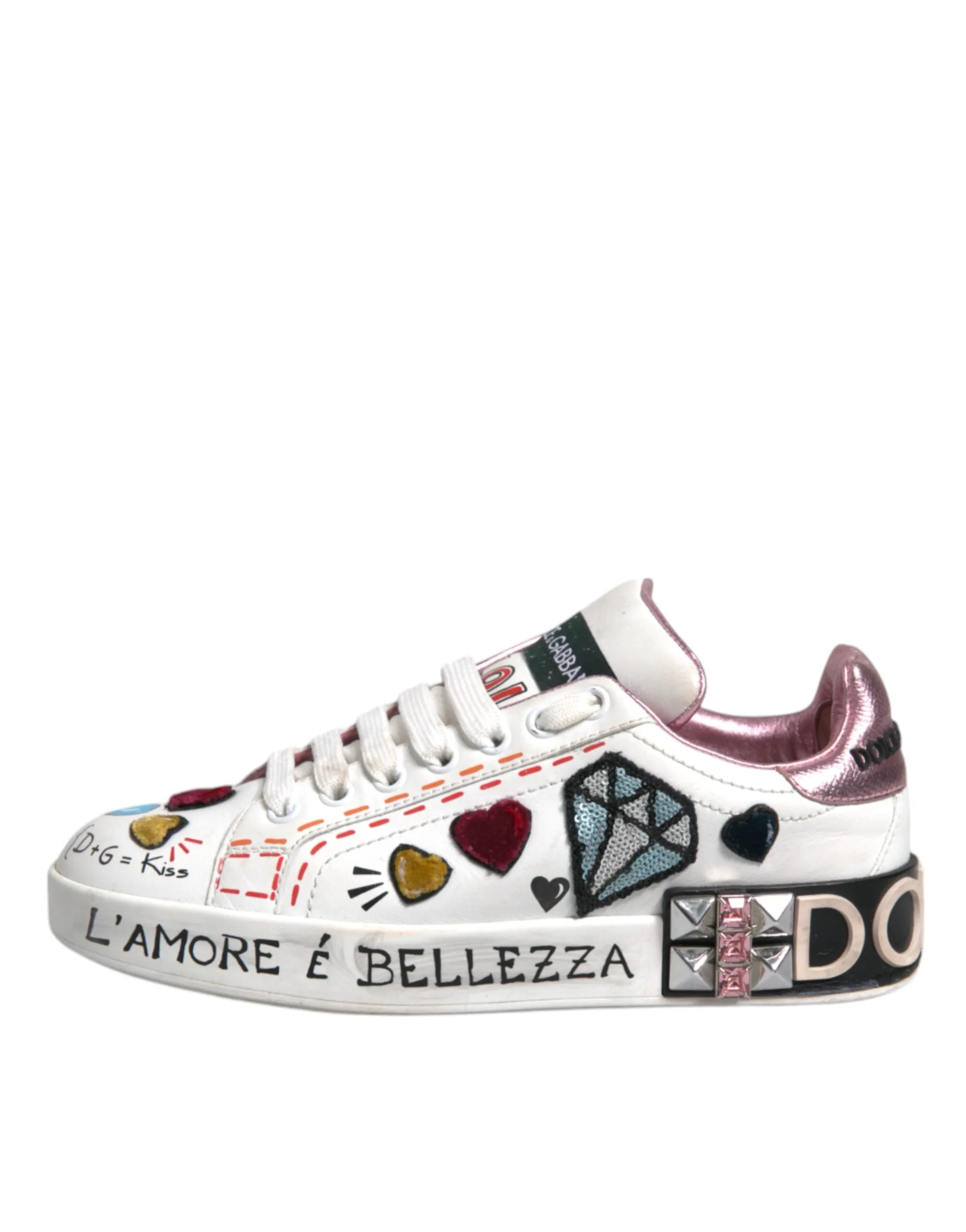 Dolce&Gabbana Women White Sneakers Leather Sequined Crystals Trainer Shoes EU 35