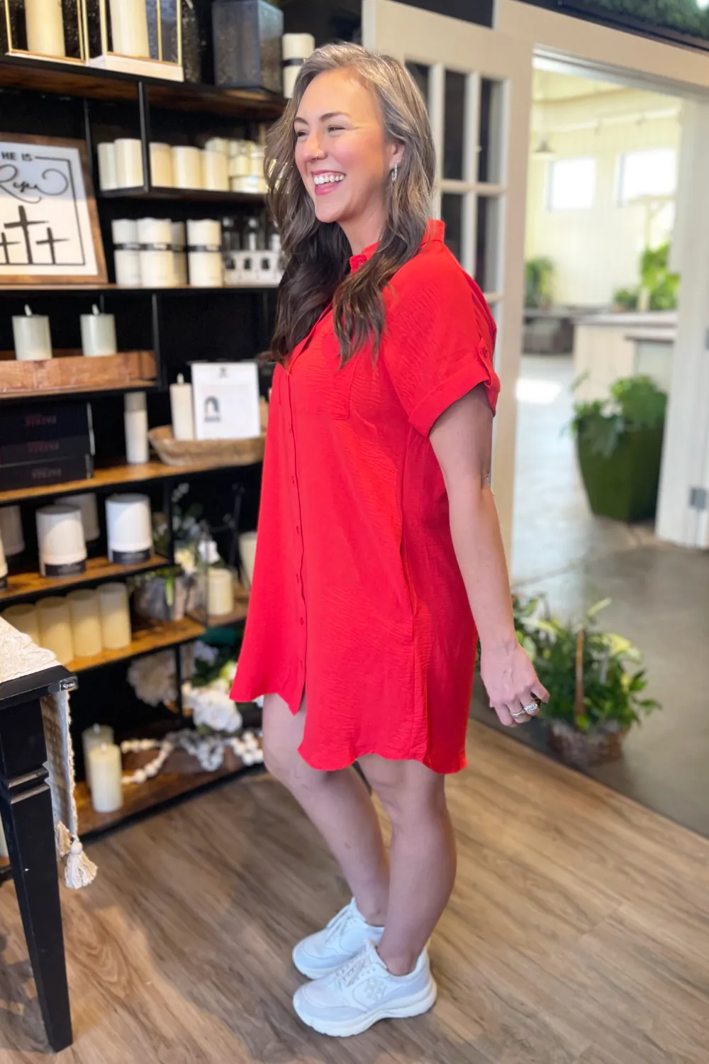 Drop Shoulder Button Up Woven Shirt Dress