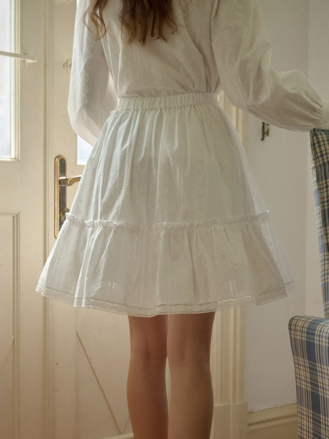 Eileen Sweet Floral Embroidered Trim Hollow Lace Cotton Puffy Skirt