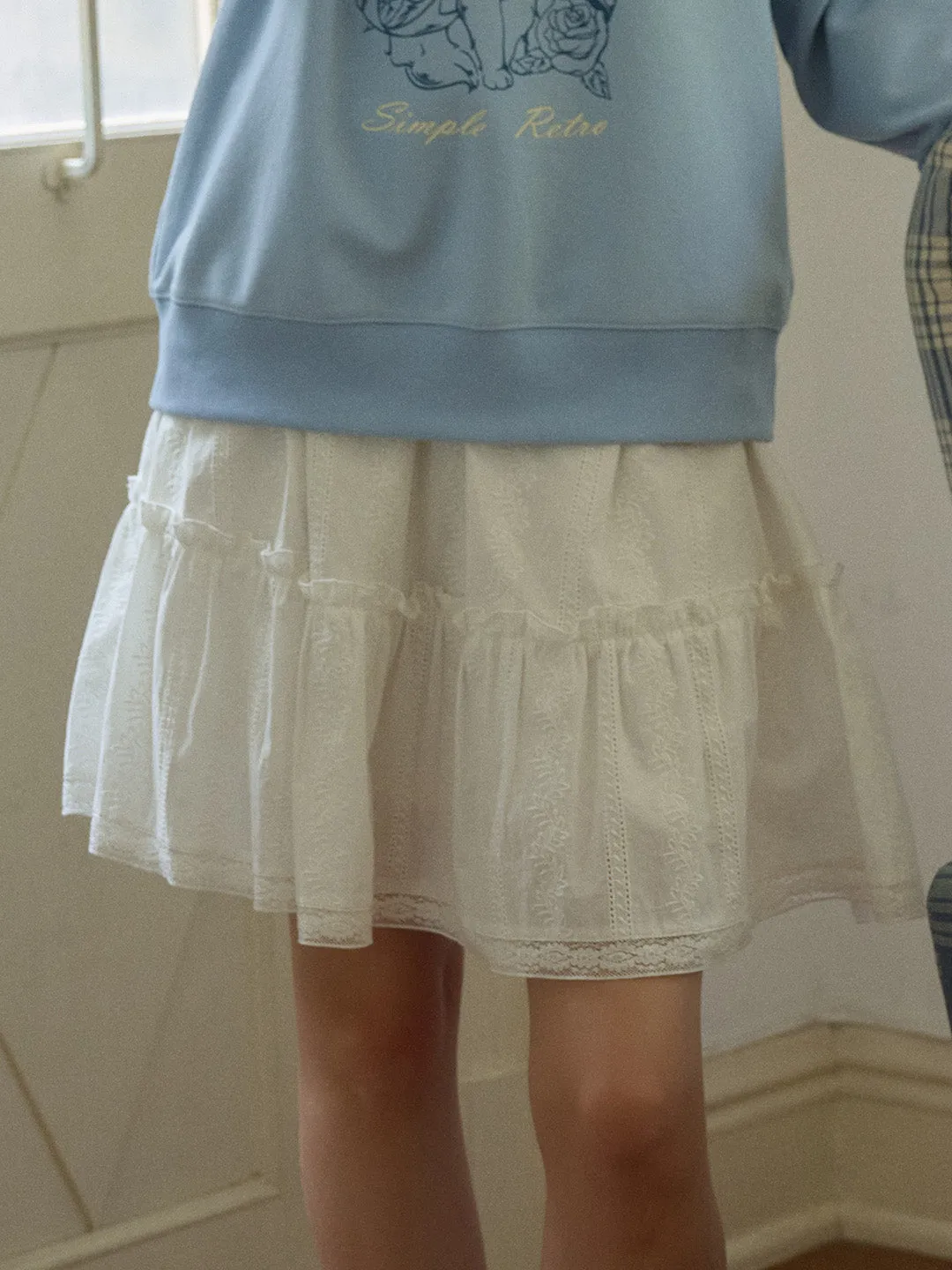 Eileen Sweet Floral Embroidered Trim Hollow Lace Cotton Puffy Skirt