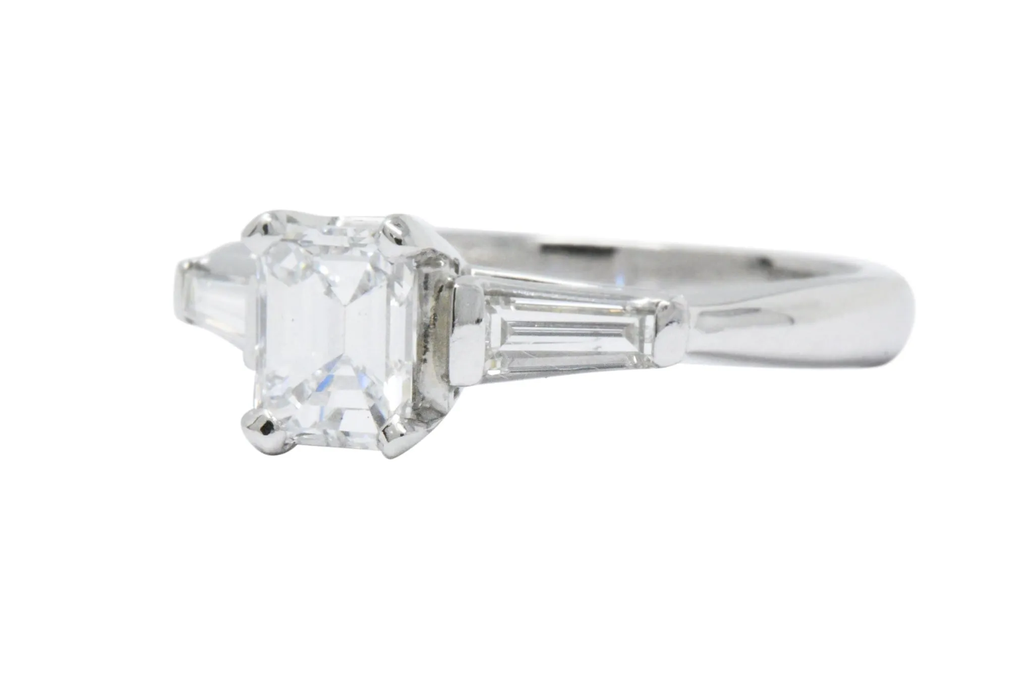 Elegant Retro 1.15 CTW Emerald Cut Diamond Platinum Engagement Ring GIA