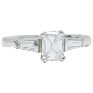 Elegant Retro 1.15 CTW Emerald Cut Diamond Platinum Engagement Ring GIA
