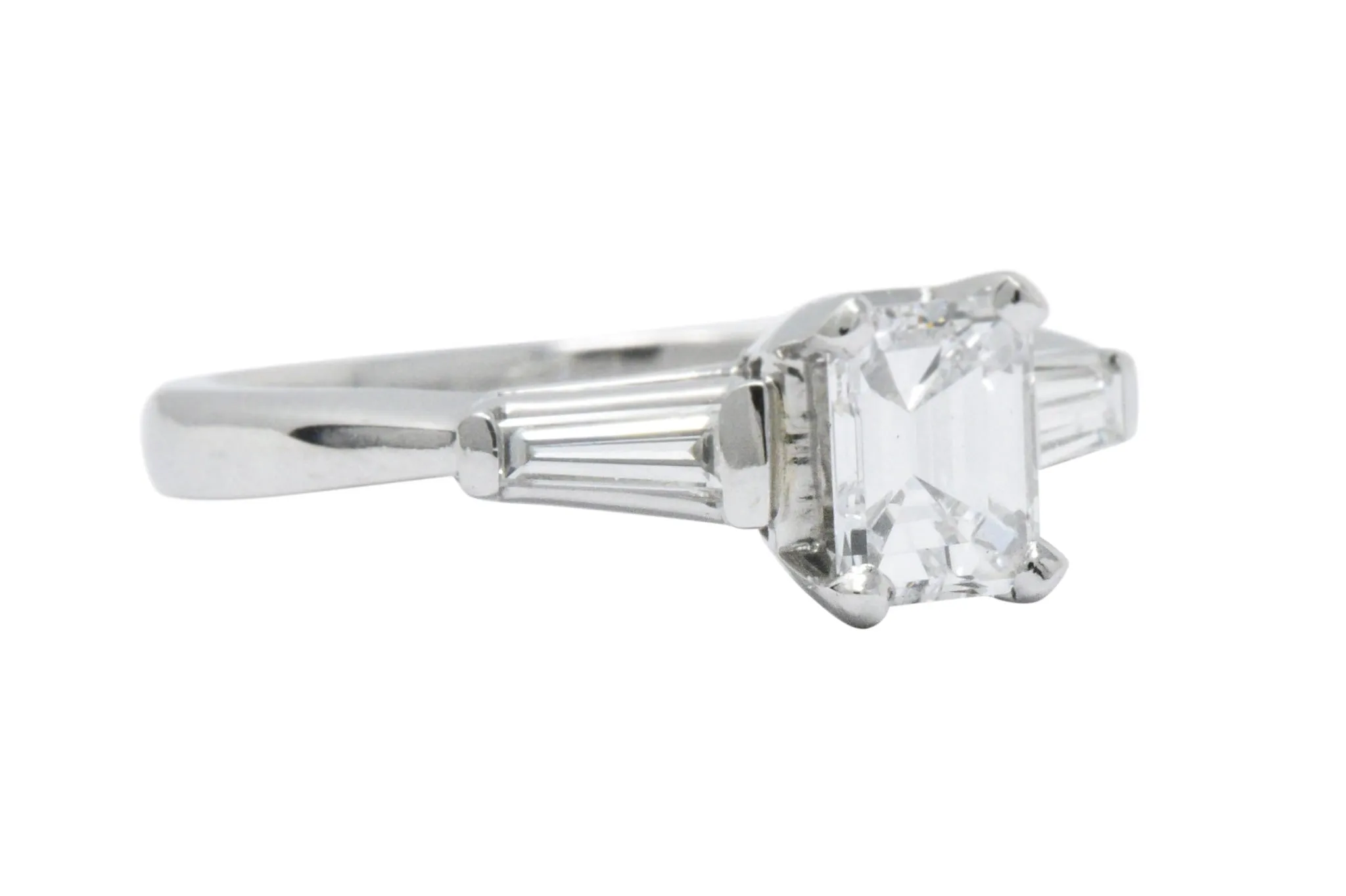 Elegant Retro 1.15 CTW Emerald Cut Diamond Platinum Engagement Ring GIA