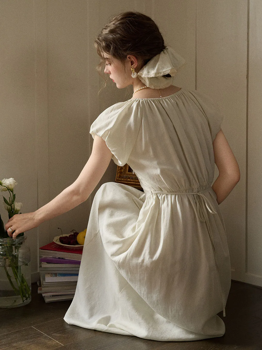 Elianna Bow V-neck Puff Sleeve A-line Dress- Off White