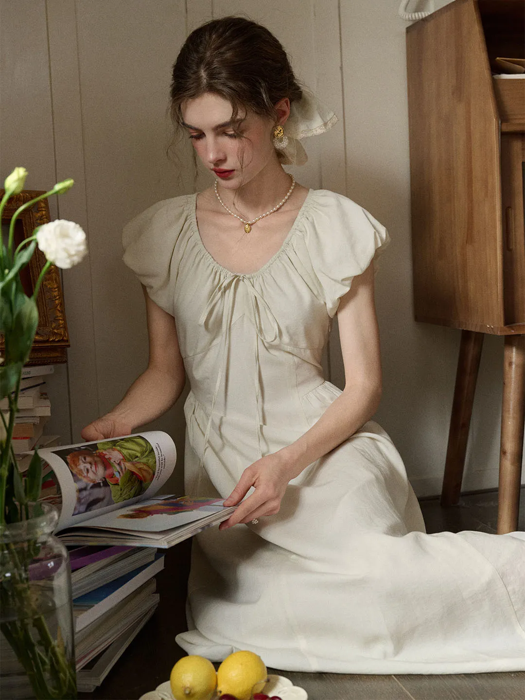 Elianna Bow V-neck Puff Sleeve A-line Dress- Off White