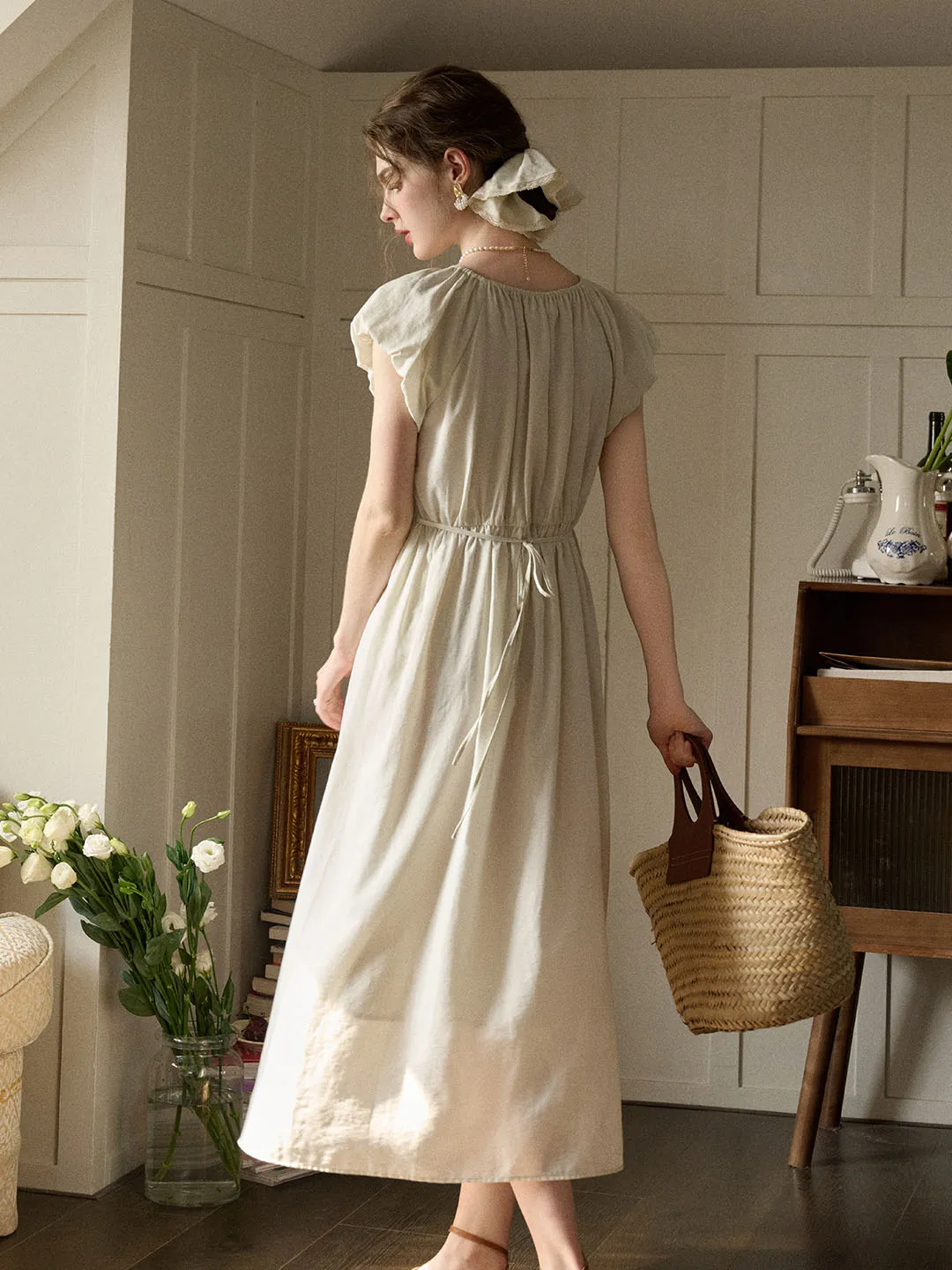 Elianna Bow V-neck Puff Sleeve A-line Dress- Off White