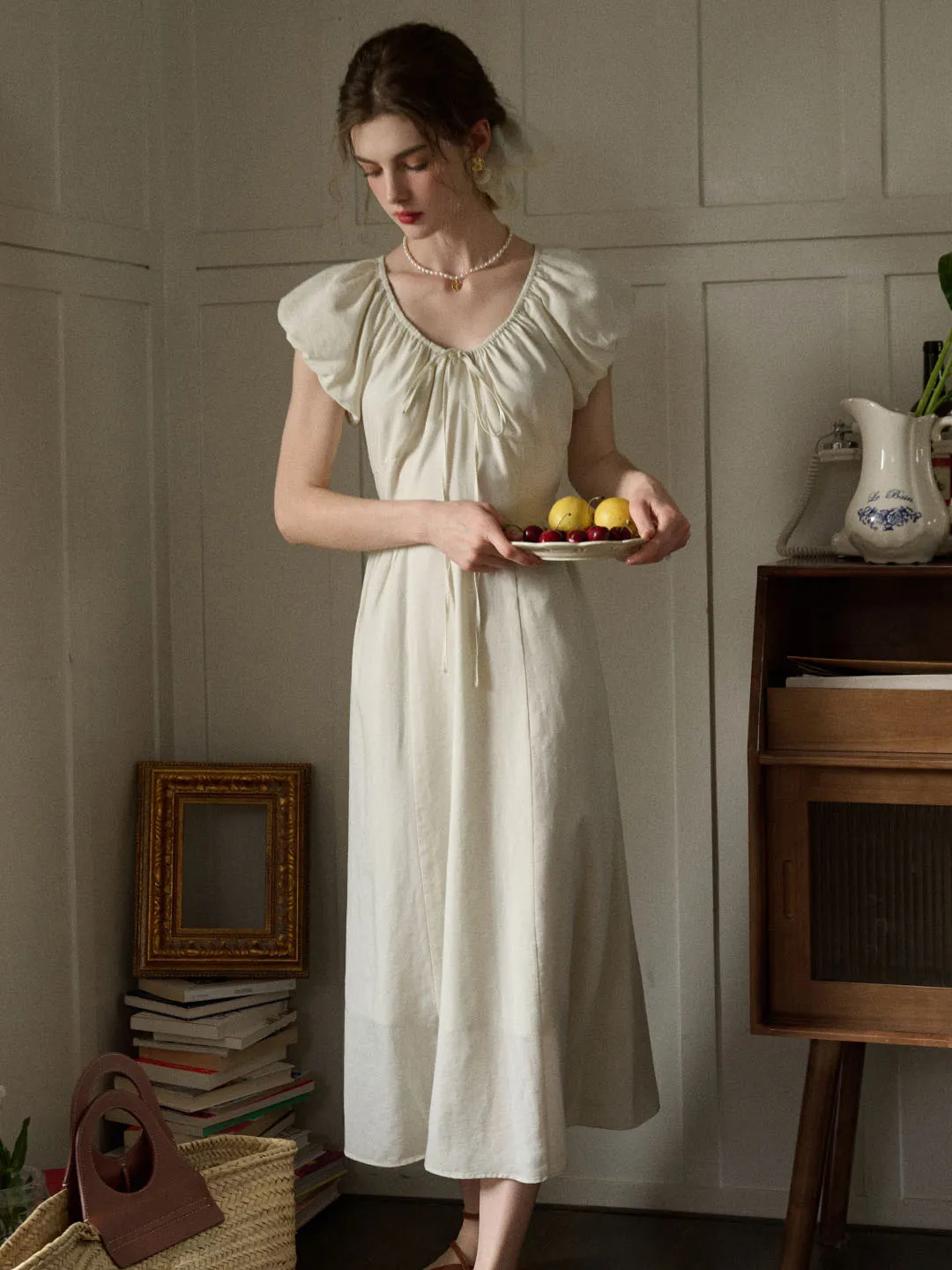 Elianna Bow V-neck Puff Sleeve A-line Dress- Off White