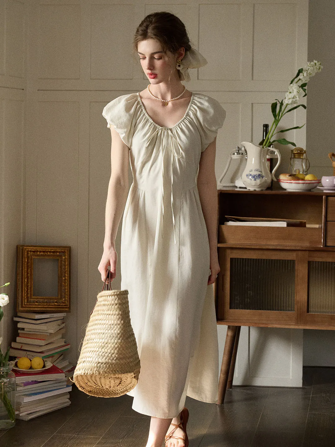 Elianna Bow V-neck Puff Sleeve A-line Dress- Off White
