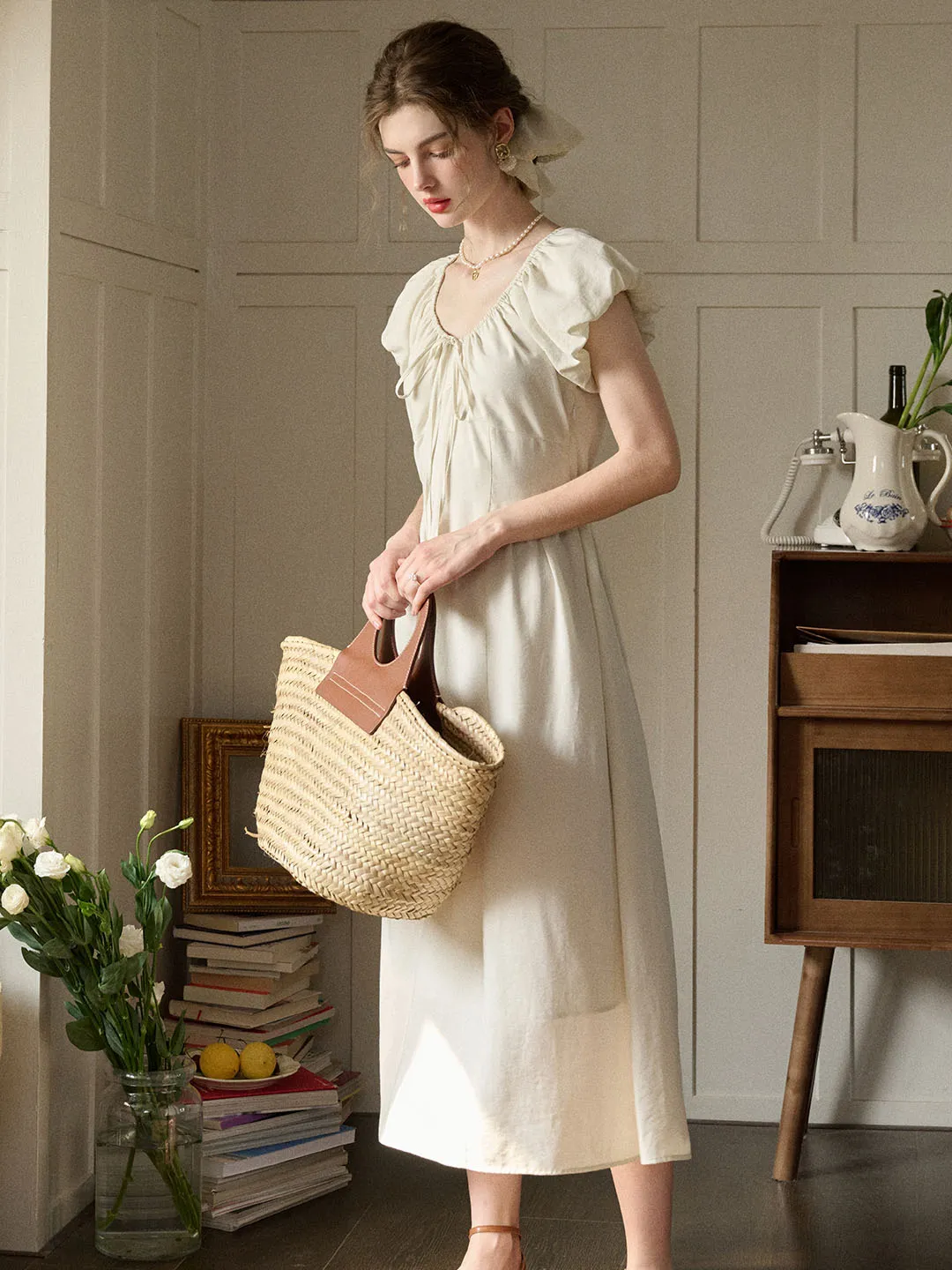 Elianna Bow V-neck Puff Sleeve A-line Dress- Off White