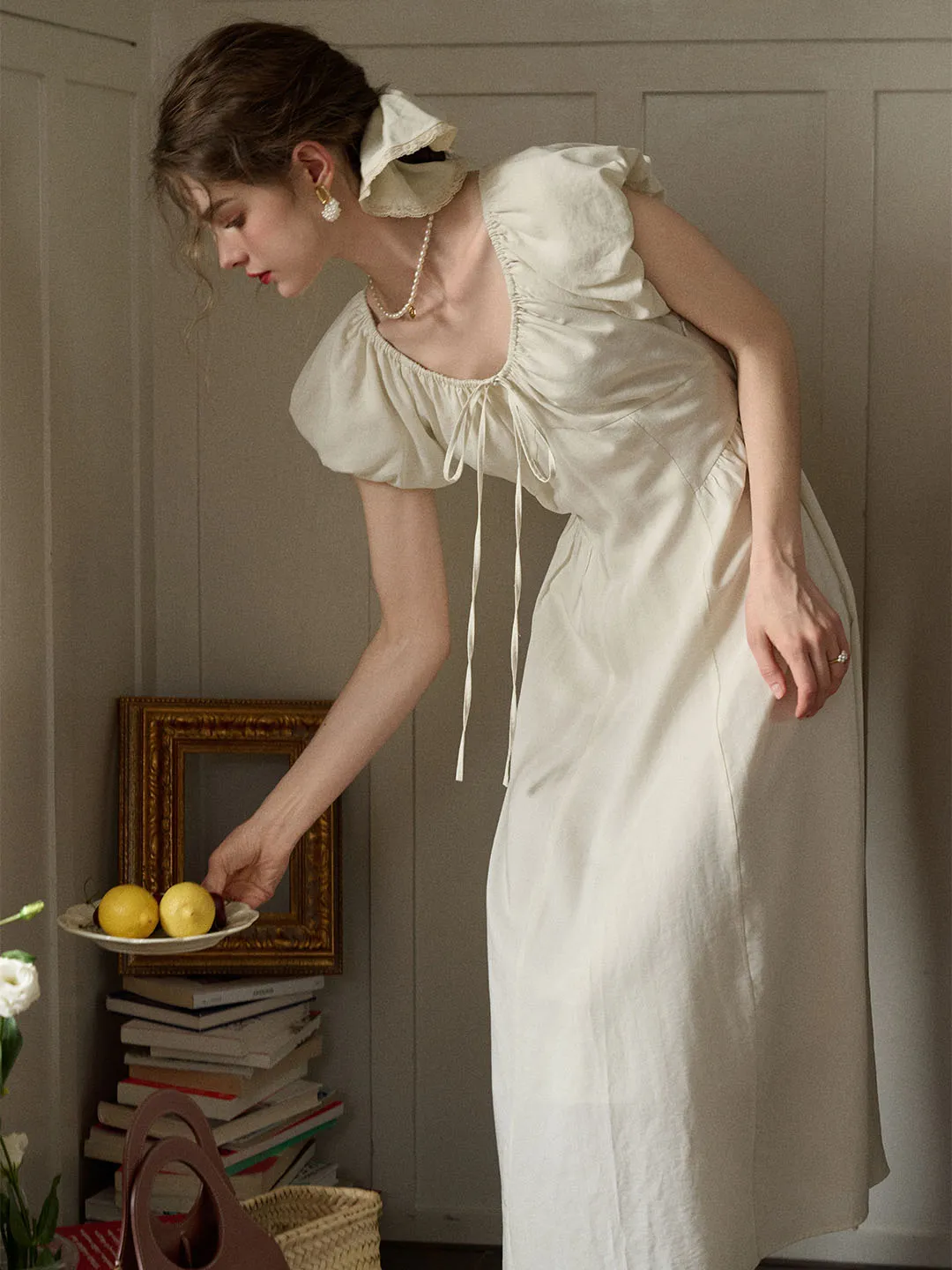 Elianna Bow V-neck Puff Sleeve A-line Dress- Off White