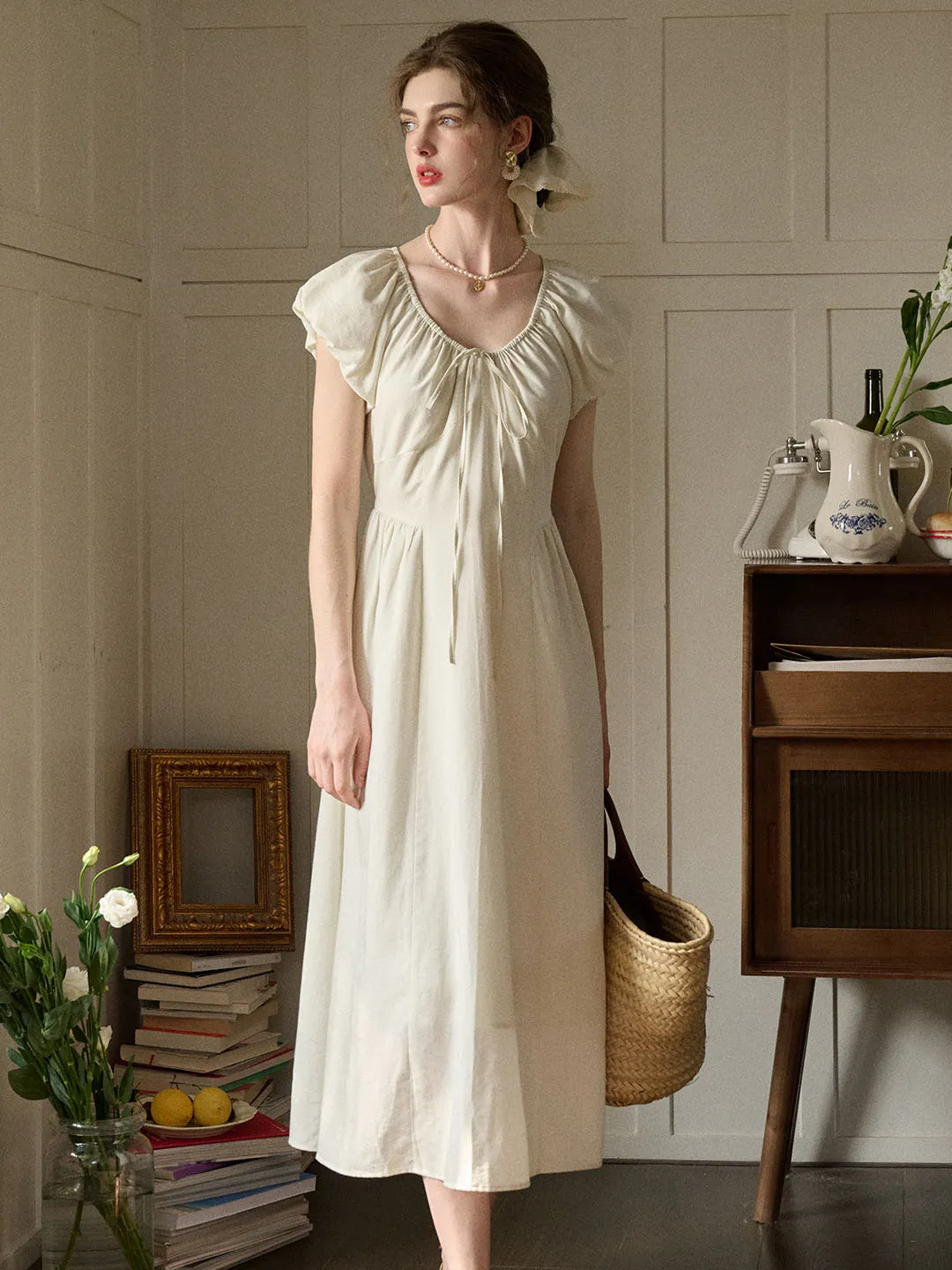 Elianna Bow V-neck Puff Sleeve A-line Dress- Off White