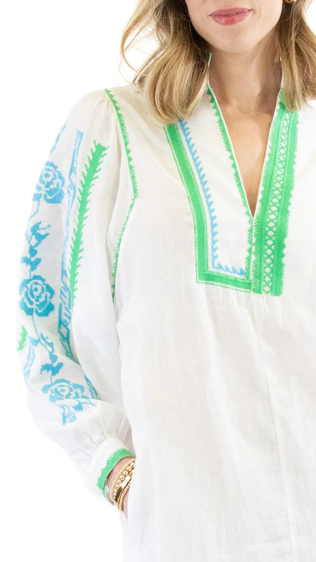 Embroidered Dress - White / Green and Blue