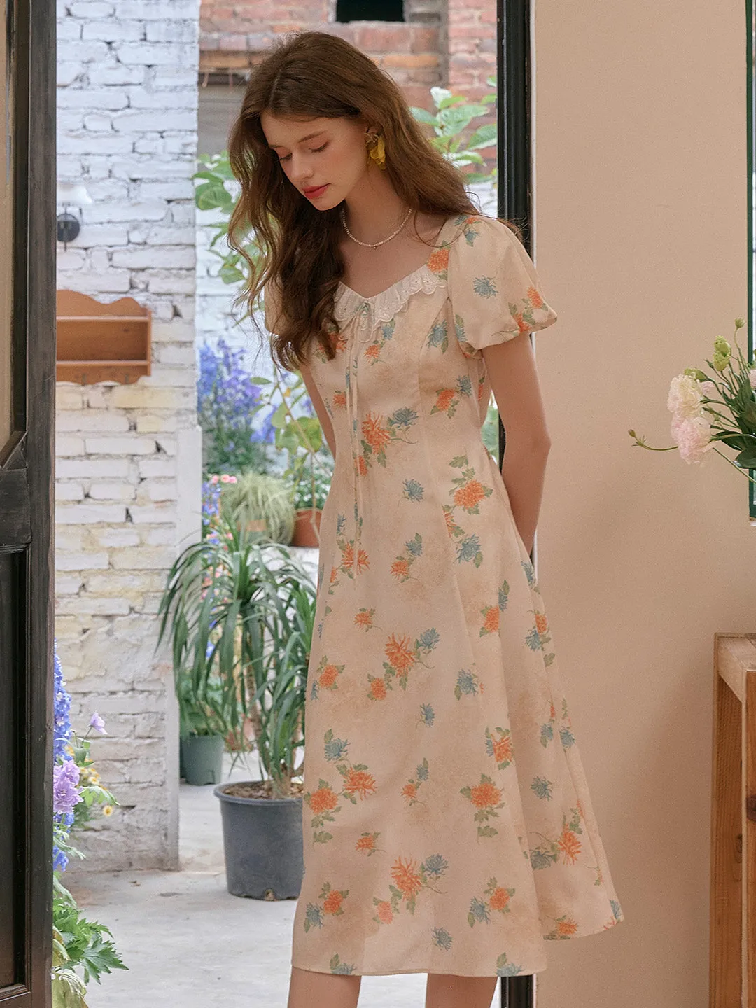 Emma Square Neck Lace Puff Sleeves Dress