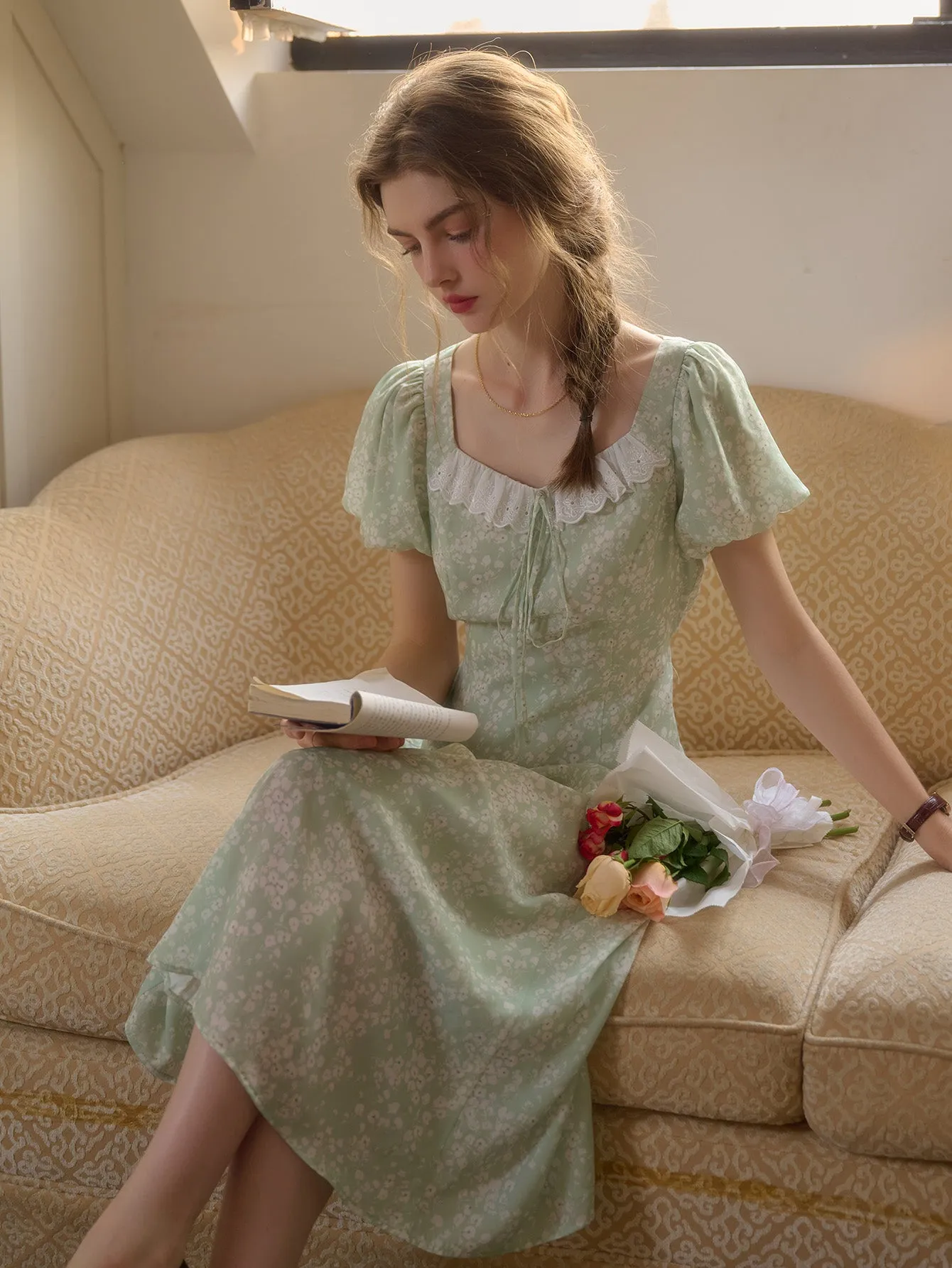 Emma Square Neck Lace Puff Sleeves Dress