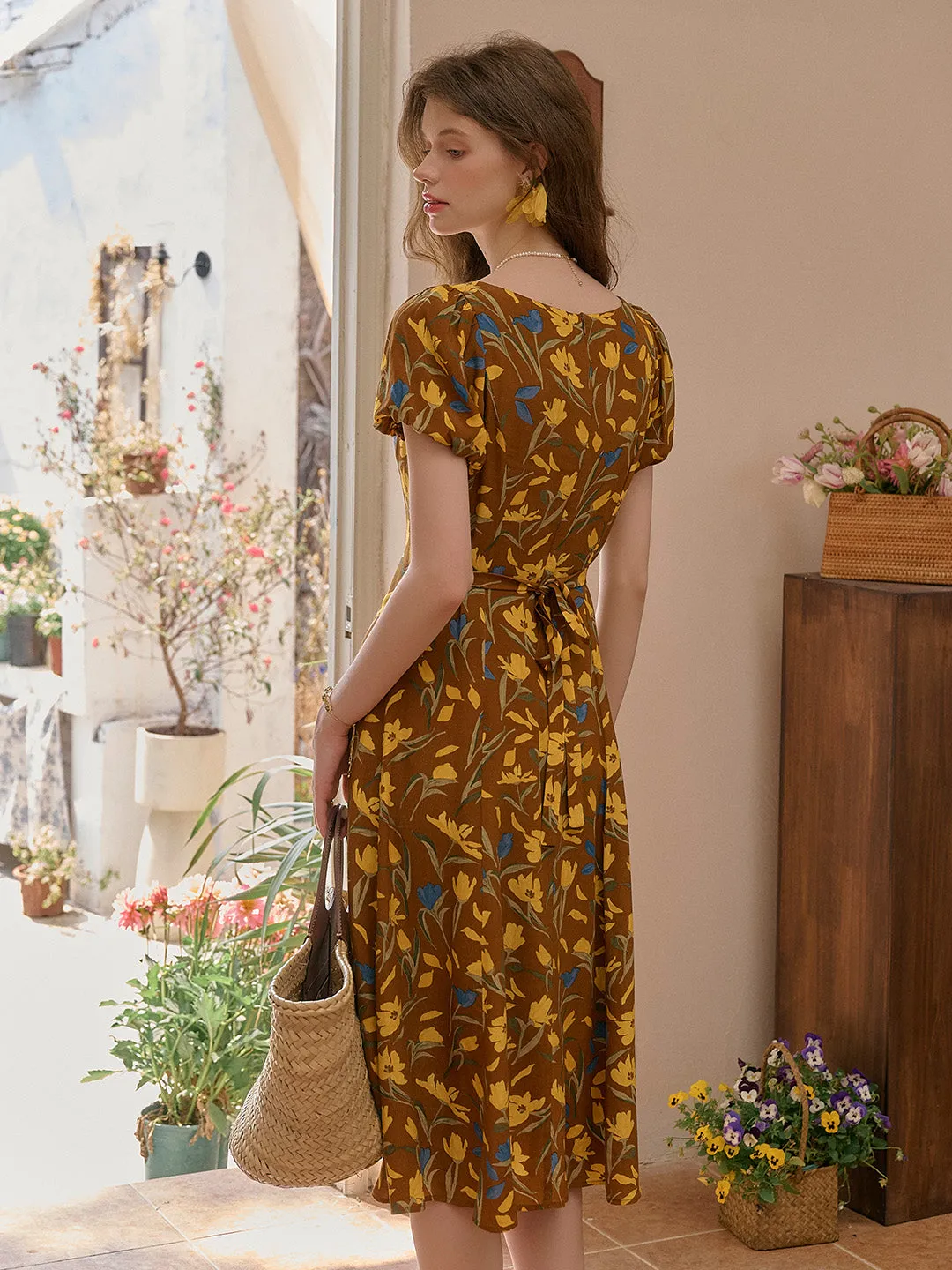 Emma Square Neck Lace Puff Sleeves Dress