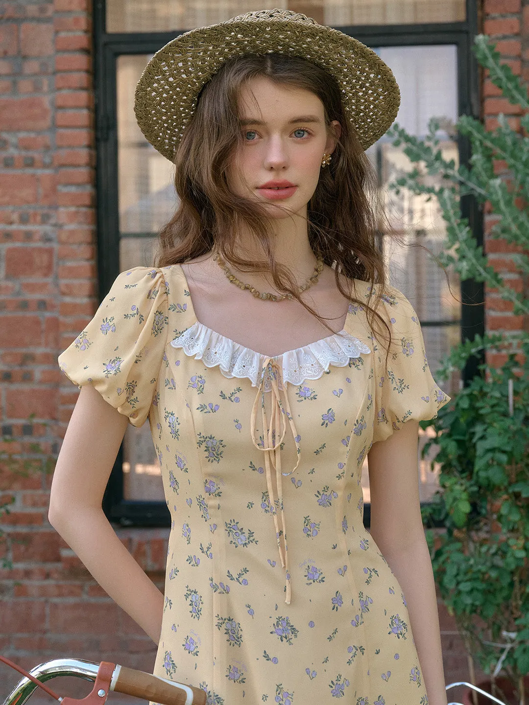 Emma Square Neck Lace Puff Sleeves Dress