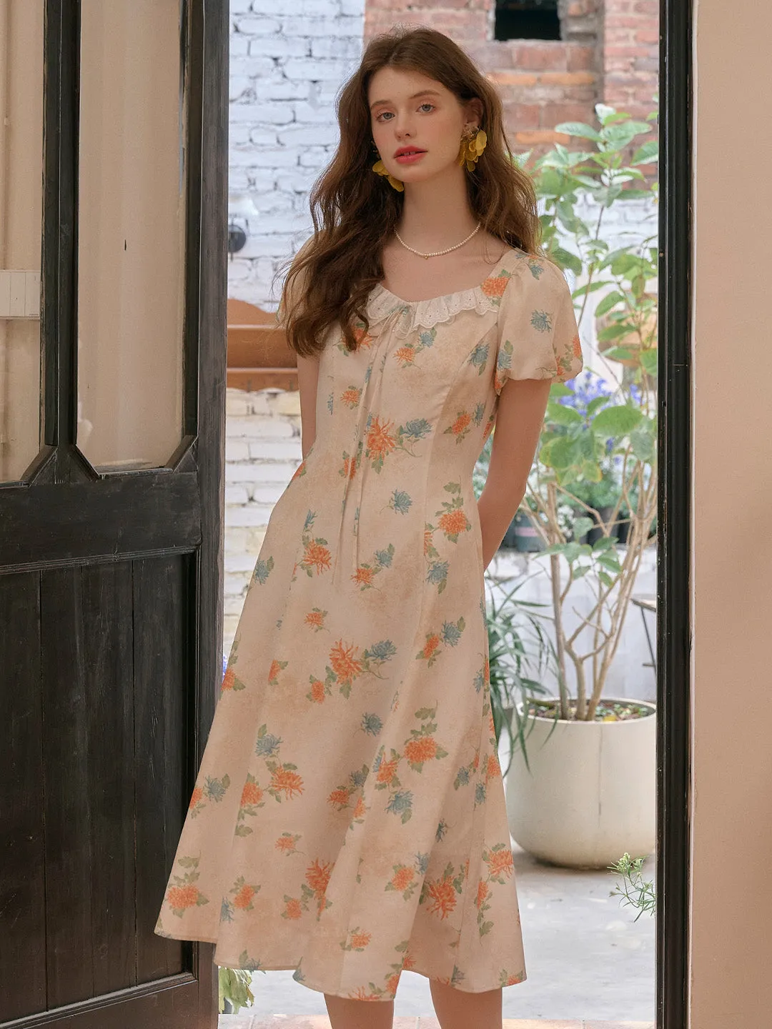 Emma Square Neck Lace Puff Sleeves Dress