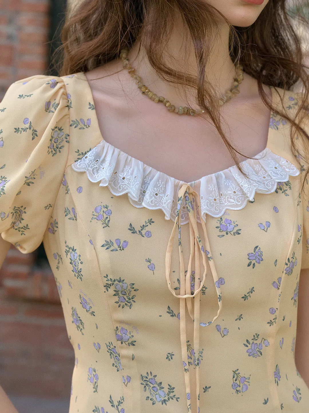 Emma Square Neck Lace Puff Sleeves Dress