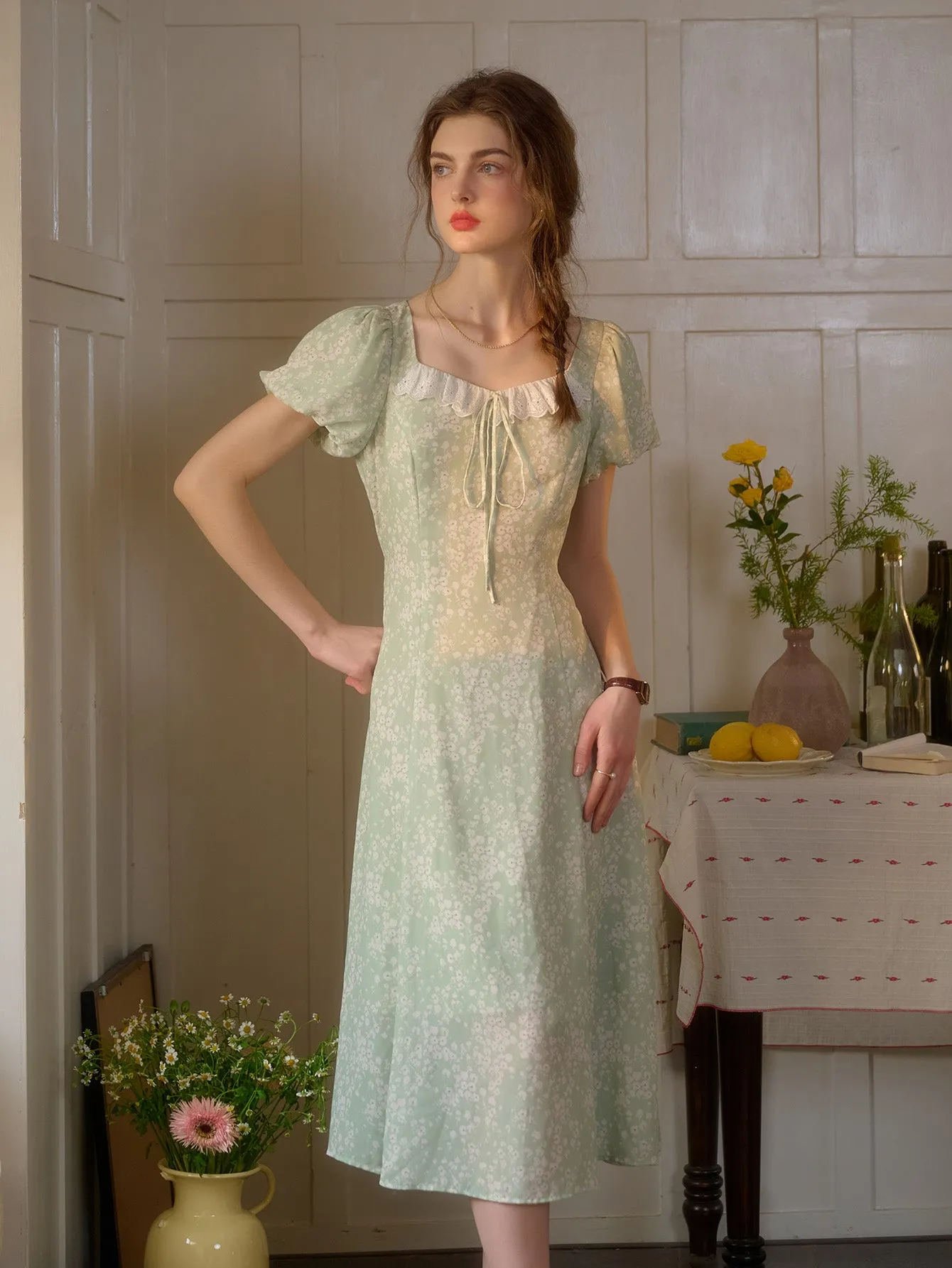 Emma Square Neck Lace Puff Sleeves Dress