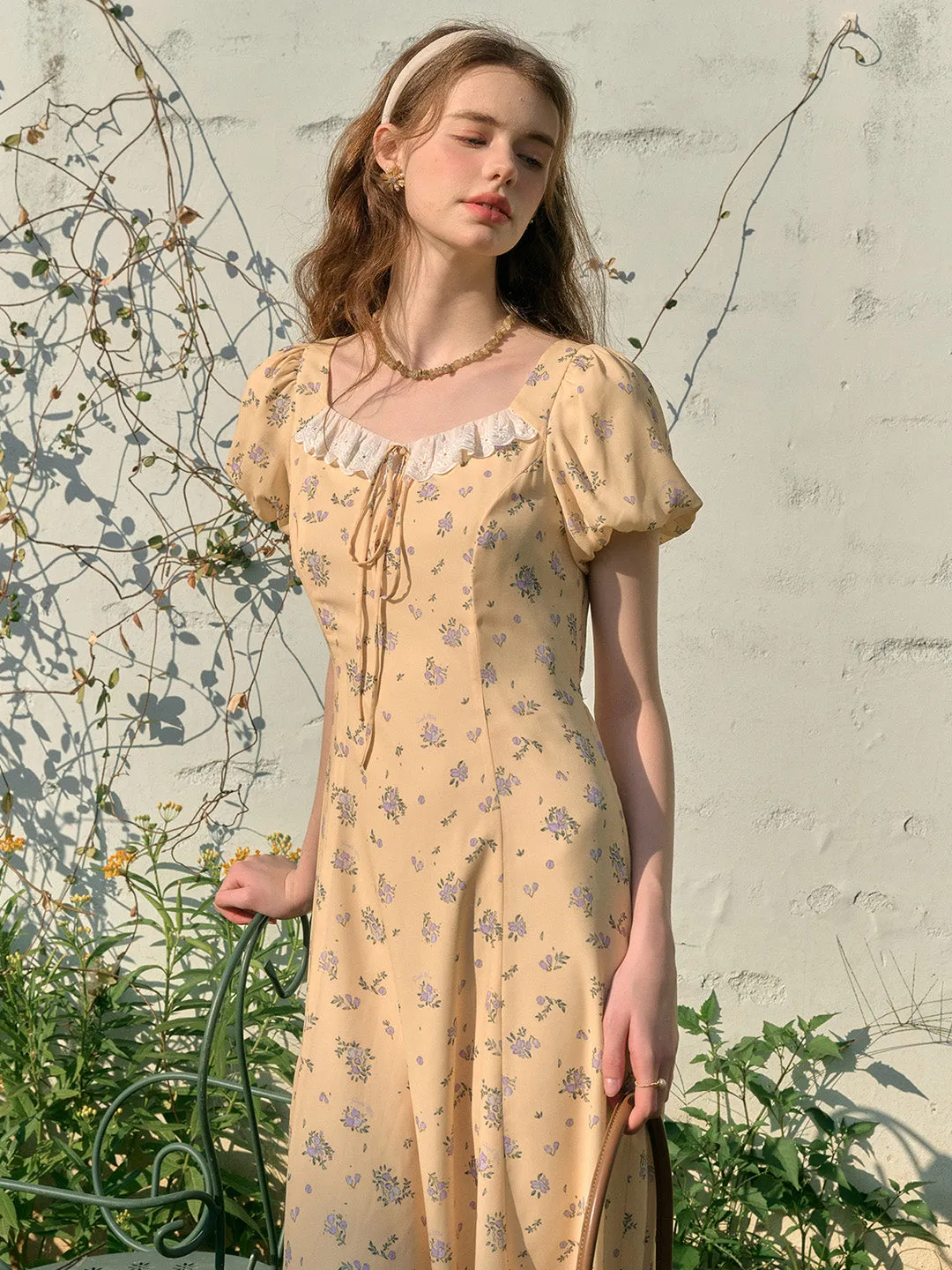 Emma Square Neck Lace Puff Sleeves Dress