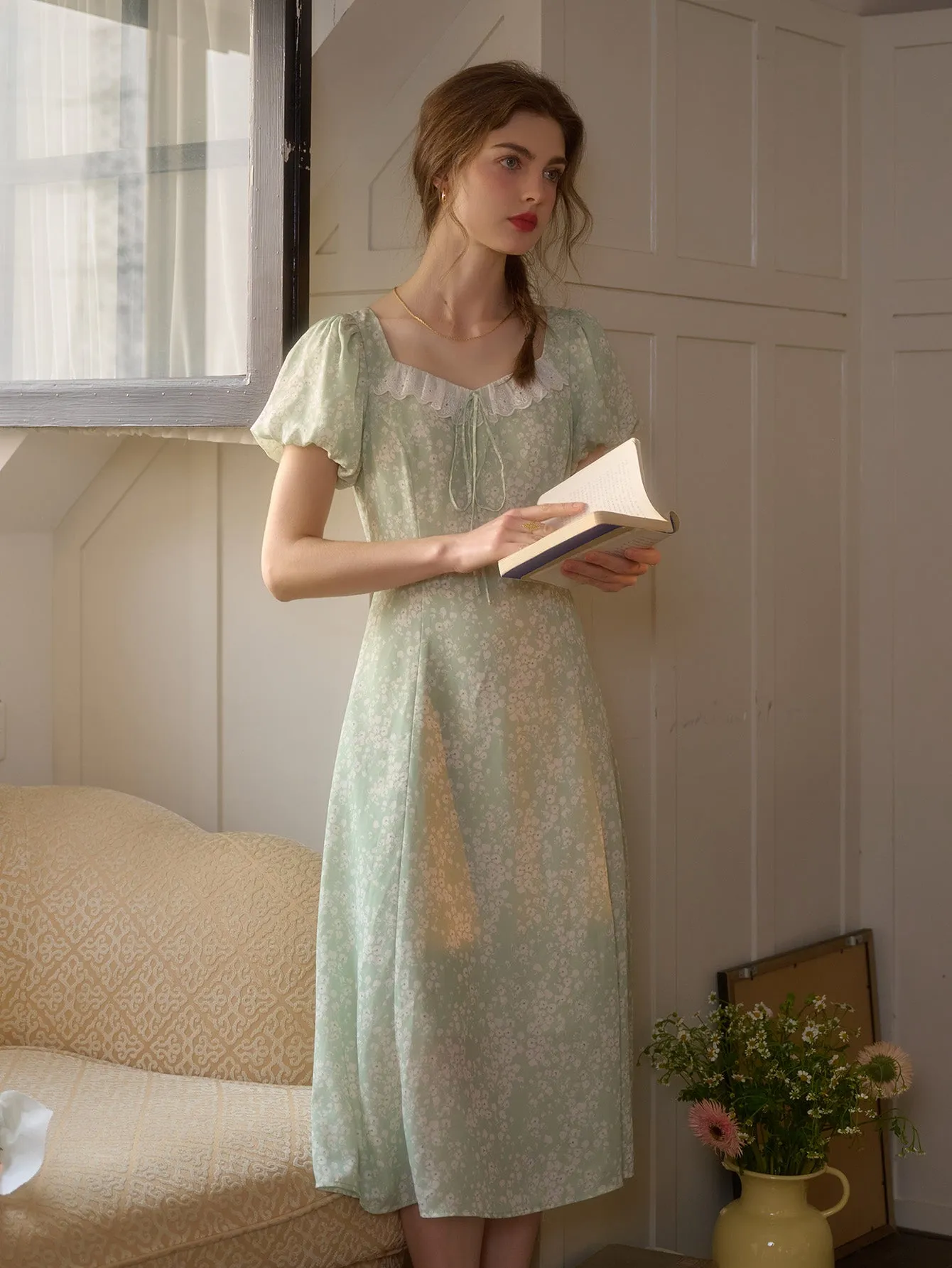 Emma Square Neck Lace Puff Sleeves Dress