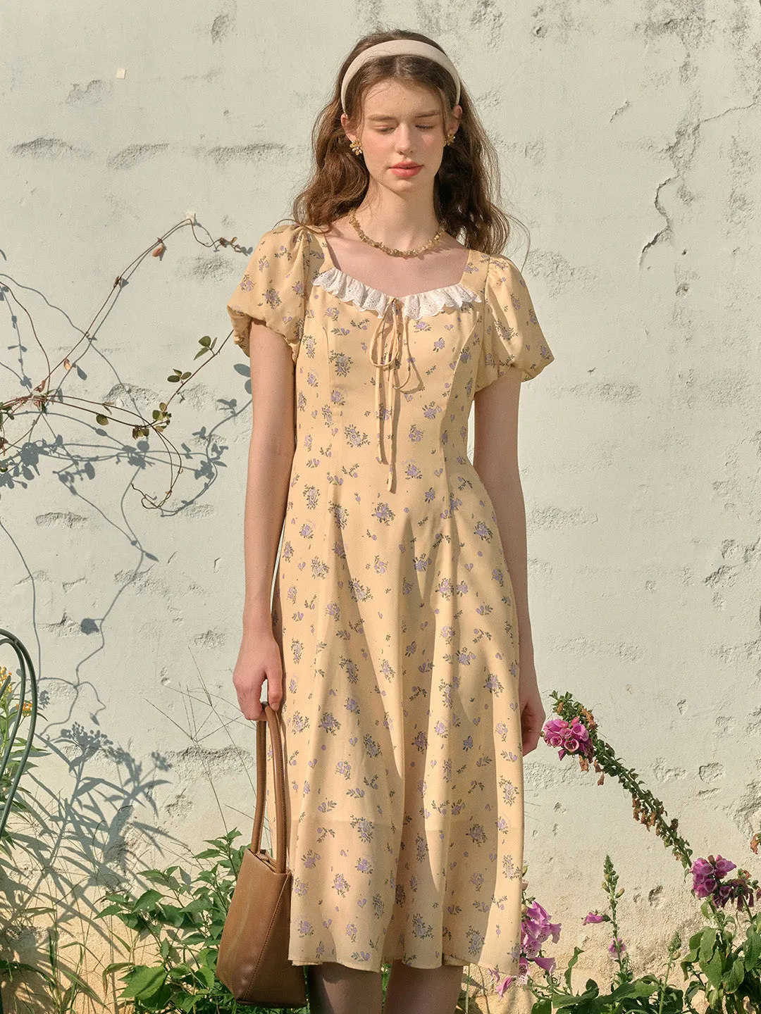 Emma Square Neck Lace Puff Sleeves Dress