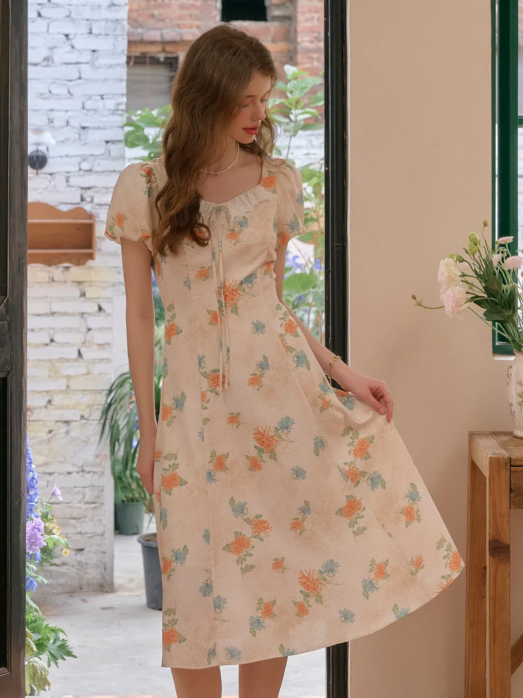 Emma Square Neck Lace Puff Sleeves Dress