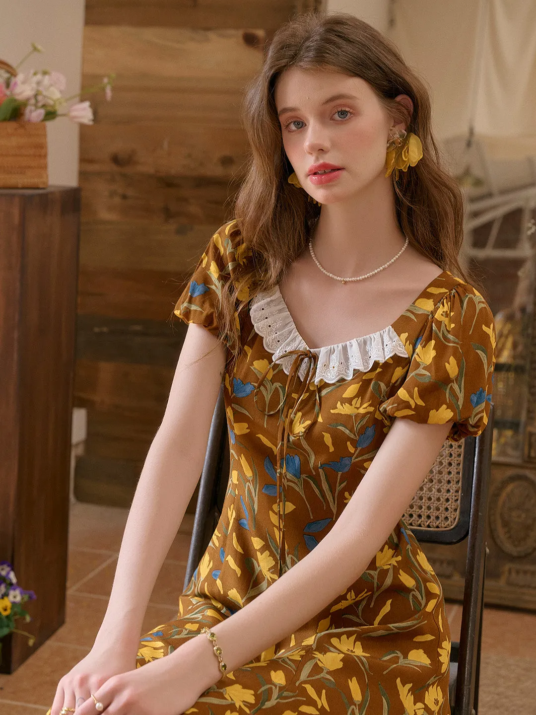 Emma Square Neck Lace Puff Sleeves Dress