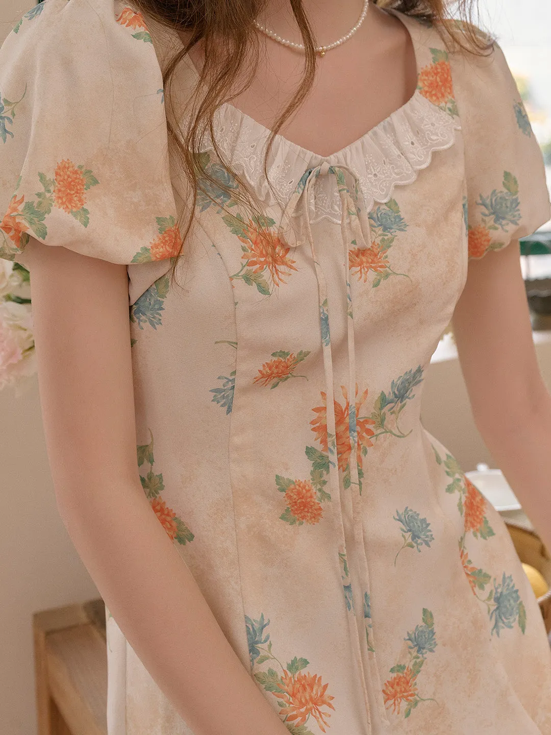 Emma Square Neck Lace Puff Sleeves Dress