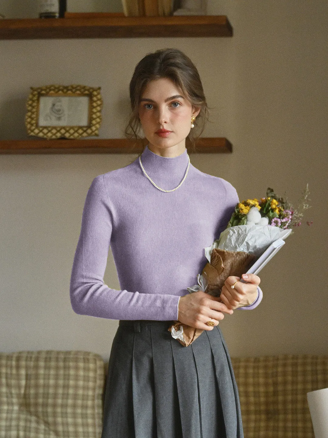 Erin 100% Wool Simple Mock Neck Slim Fit Sweater - Black