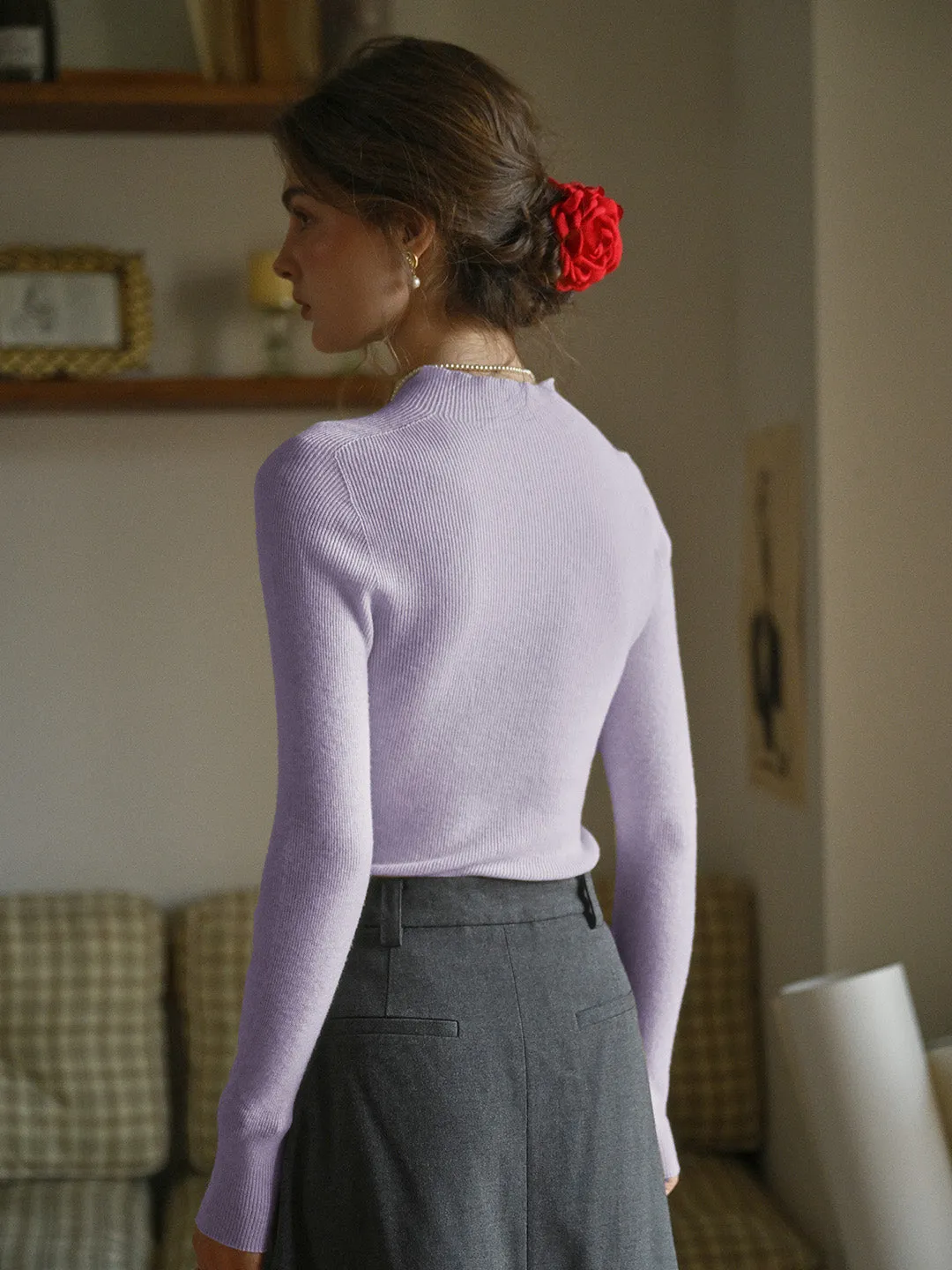 Erin 100% Wool Simple Mock Neck Slim Fit Sweater - Black