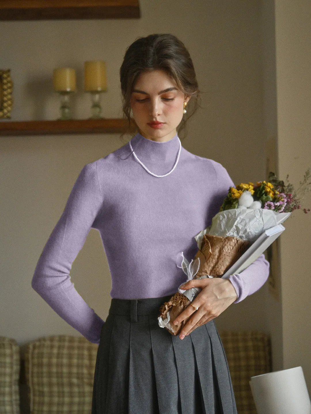 Erin 100% Wool Simple Mock Neck Slim Fit Sweater - Black