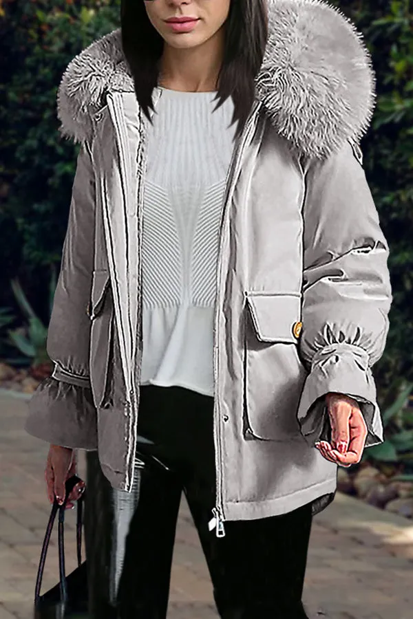Fashion Casual Fur Collar Hooded Coat