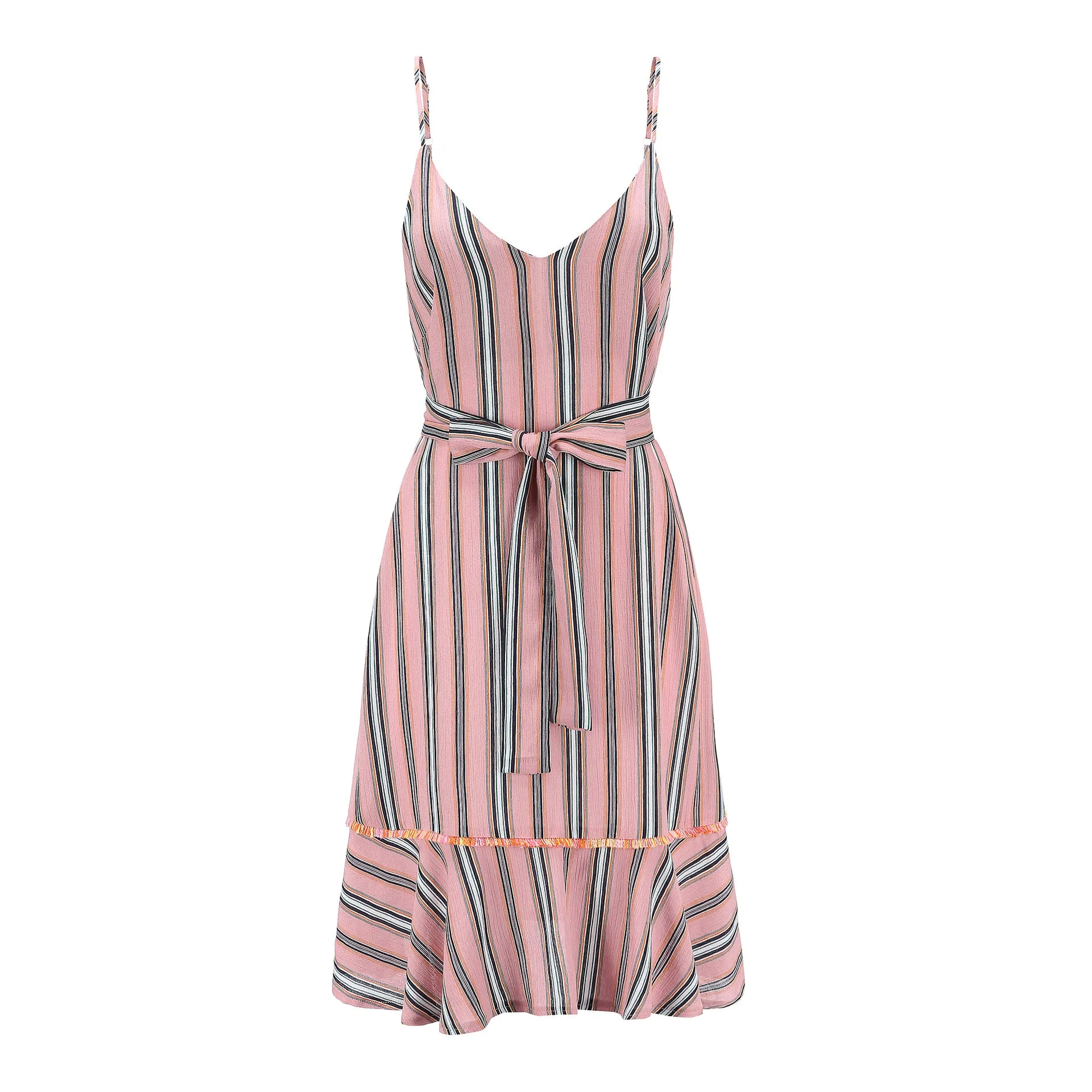 Fashion V-neck Striped Sling Ruffled Dress