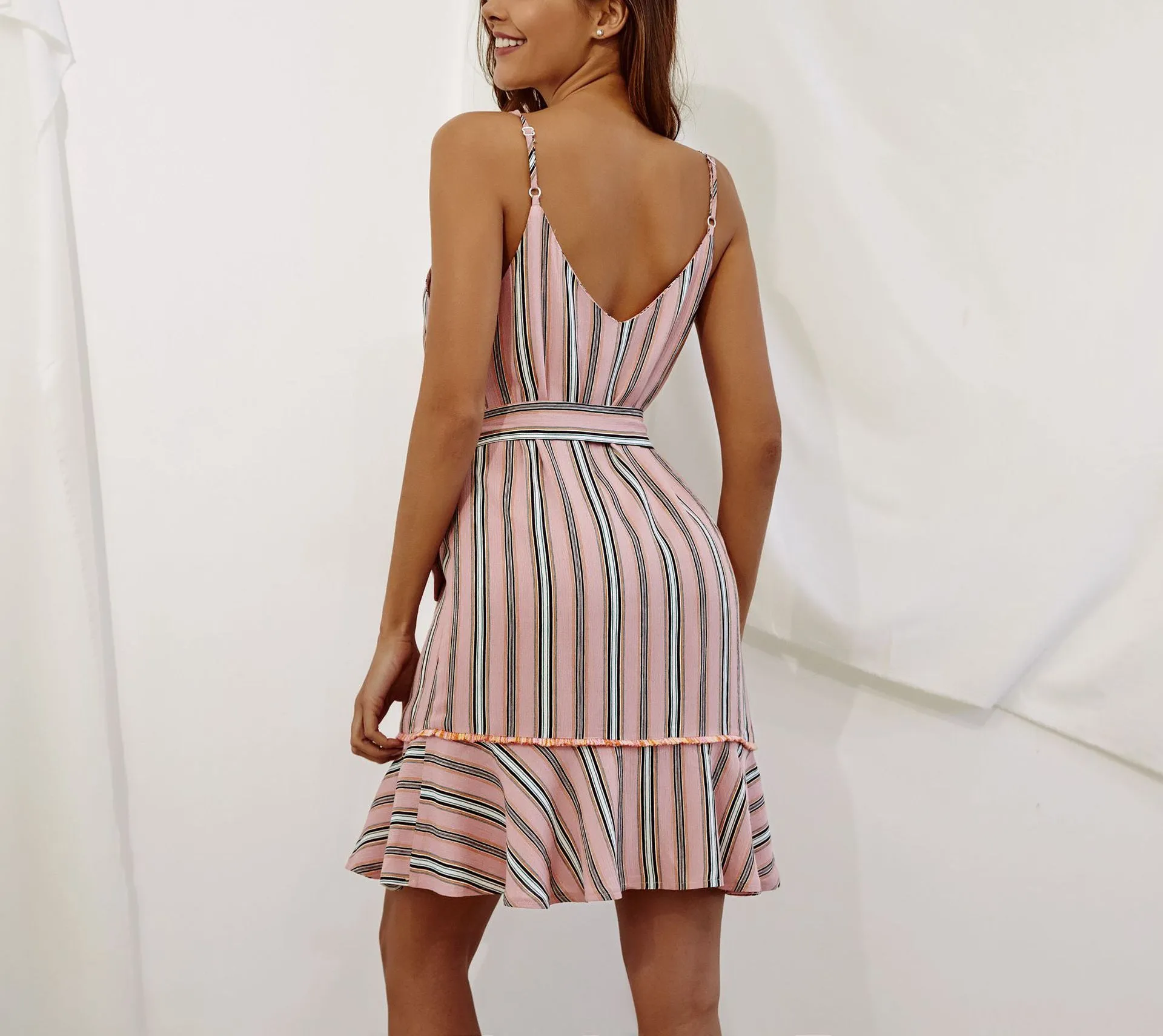 Fashion V-neck Striped Sling Ruffled Dress