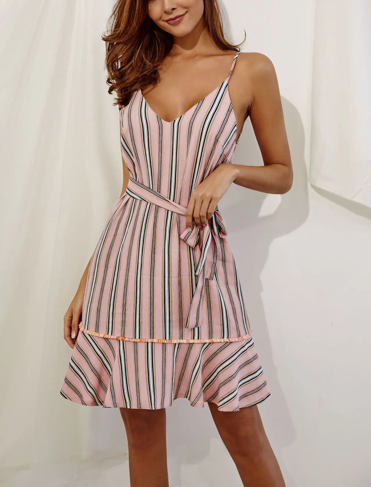 Fashion V-neck Striped Sling Ruffled Dress
