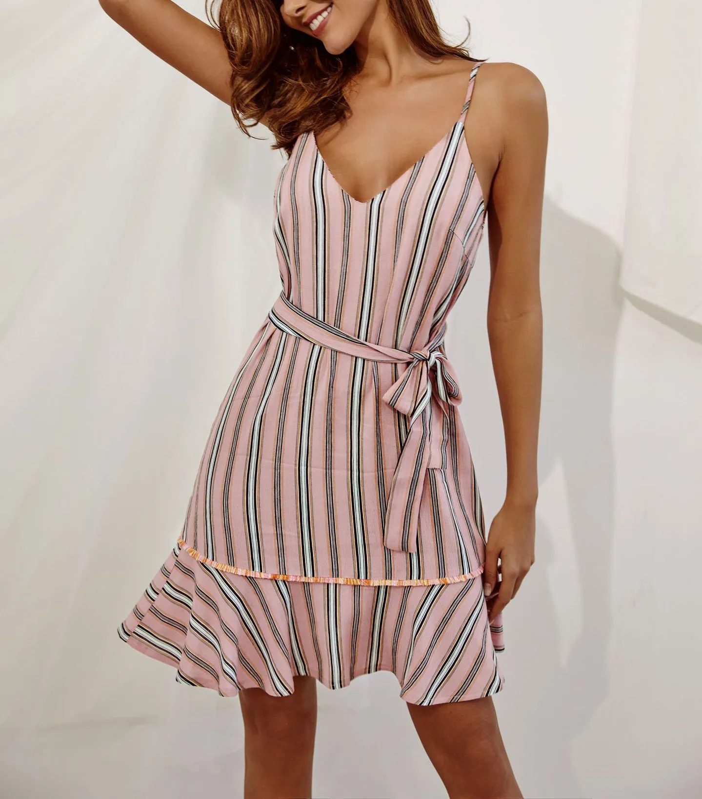 Fashion V-neck Striped Sling Ruffled Dress